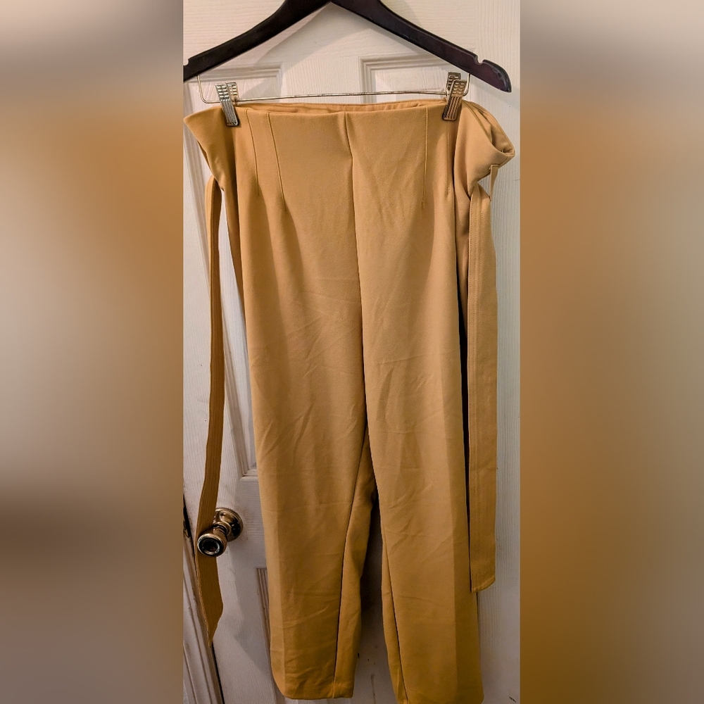 Jules & Leopald Women's Mustard Yellow Long Tie Belt Trousers - Picture 2 of 3